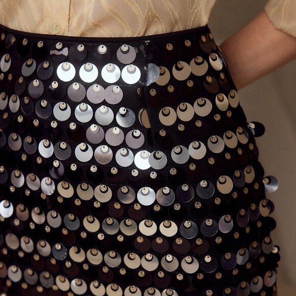 Black Elegant Women's Mesh Sequins High Waist Skirt - Picture 3 of 5